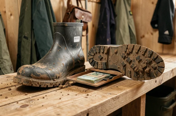 Semelle intérieure d'une botte de jardinage soulevée révélant une cachette plate avec des billets et une clé USB à l'intérieur