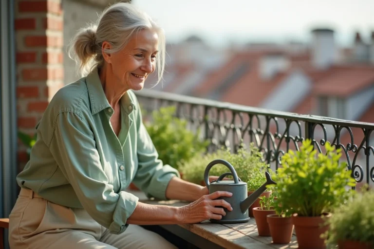 Femme senior souriante entretenant ses plantes aromatiques sur un balcon ensoleillé, illustrant le bien-être et l'activité au quotidien