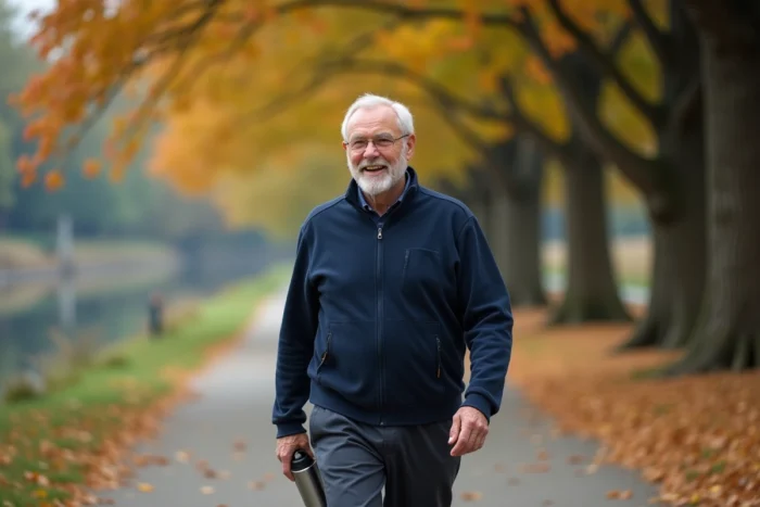 Homme senior marchant sur un sentier en bord de rivière en automne, symbolisant l'activité physique et la qualité de vie des personnes âgées