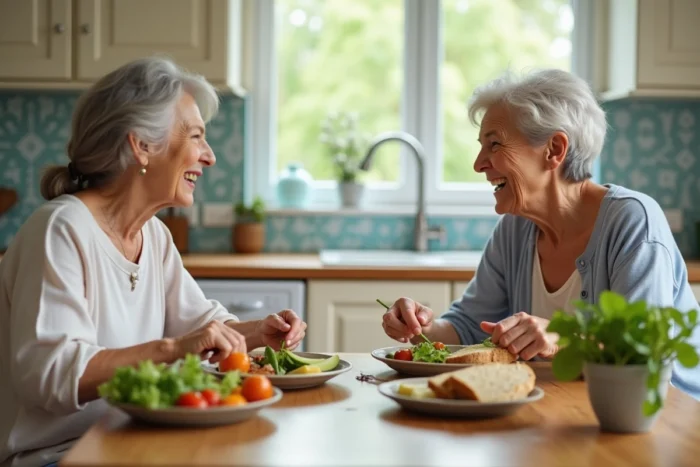 Deux femmes seniors partageant un repas sain et convivial dans une cuisine lumineuse, représentant la socialisation et la nutrition équilibrée pour le bien-être des aînés