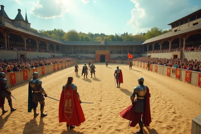 Spectacle médiéval avec chevaliers en armure dans l'arène historique du Puy du Fou en Vendée, symbole du succès commercial du parc