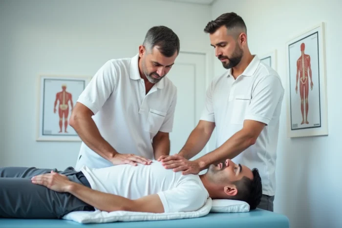 Stagiaire kinésithérapeute en reconversion réalisant une manipulation sur un patient lors d'un stage clinique