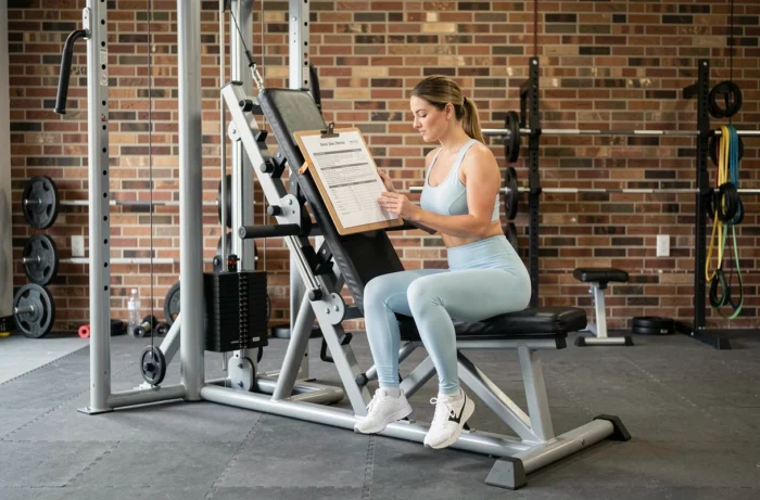 Femme consultant son programme d'entraînement devant une station de musculation dans un garage aménagé