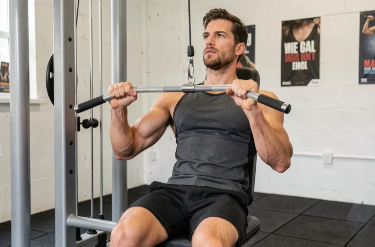 Homme musclé utilisant une station de musculation multifonction dans une salle de sport à domicile