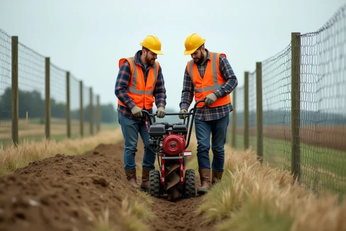 Deux ouvriers utilisant une tarière thermique à deux poignées pour creuser des trous de poteaux dans un champ agricole