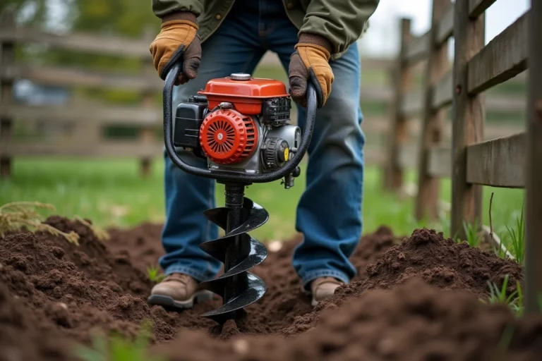 Homme utilisant une tarière thermique pour creuser un trou dans un jardin en terre meuble