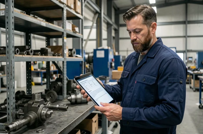 Technicien industriel consultant une norme technique sur tablette dans un atelier de fabrication
