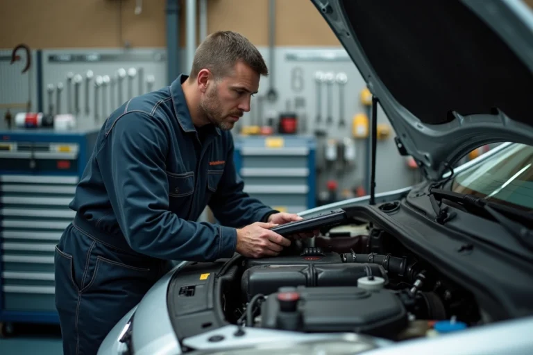 Technicien automobile connectant un outil de diagnostic OBD2 sur une Peugeot 307 HDi pour réinitialiser le BSI