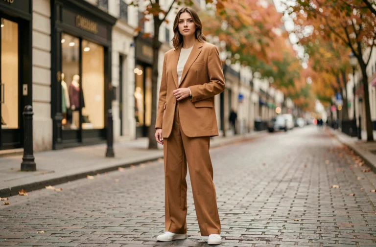 Femme portant un blazer oversize camel et un pantalon large dans une rue pavée parisienne, tendances mode automne