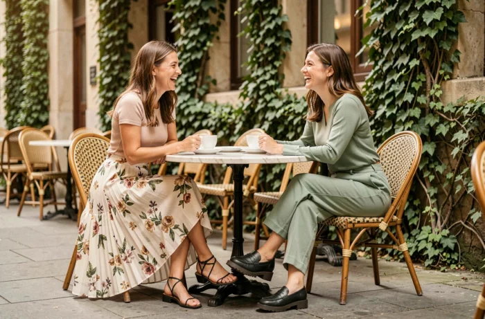 Deux femmes élégamment habillées selon les tendances mode actuelles attablées en terrasse de café parisien, style éditorial