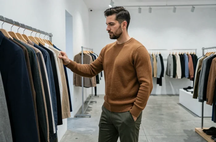 Homme en pull en maille structurée parcourant des portants de vêtements dans un concept store minimaliste moderne, tendances mode homme