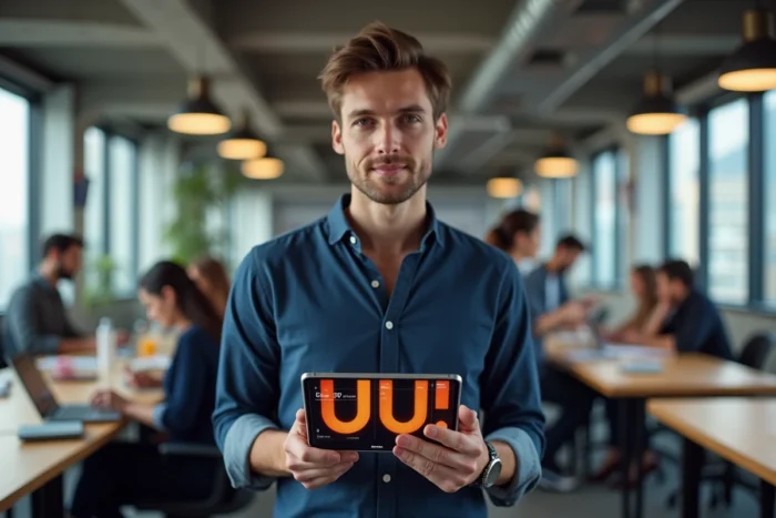 Professionnel du numérique présentant des tendances web sur une tablette dans un espace de coworking