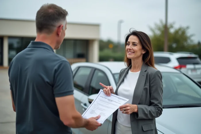 Femme et vendeur automobile examinant un certificat de non gage lors d'une transaction de vente de voiture d'occasion
