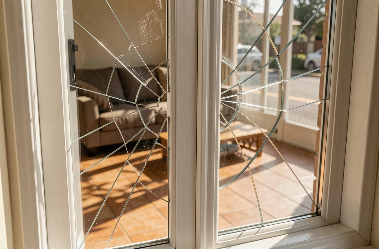 Gebroken PVC-raam met spinnenwebscheuren in een woonkamer die een urgente reparatie nodig heeft