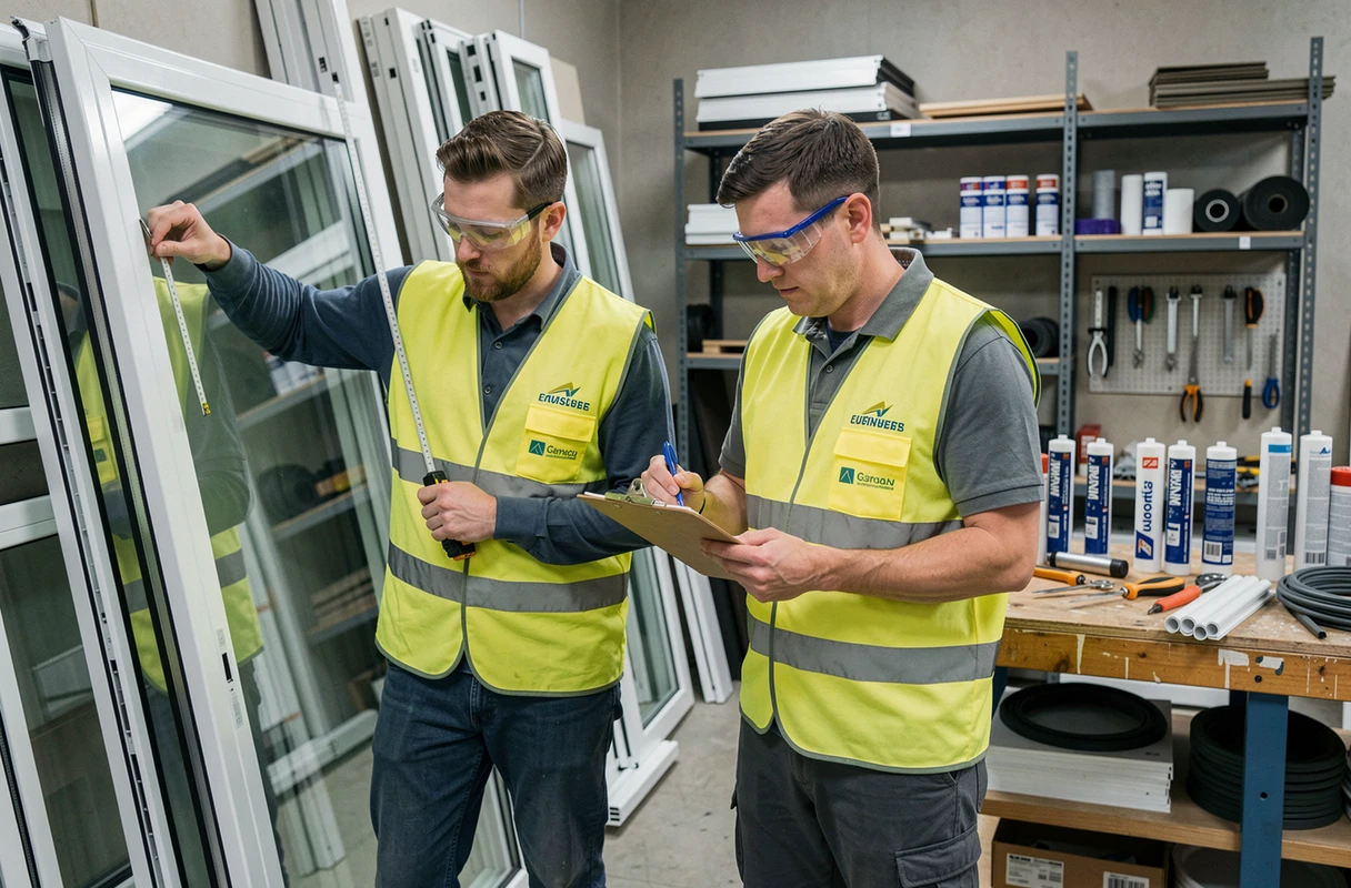 Twee professionele glazenmakers die een dubbel glas PVC in de werkplaats meten vóór een raamreparatie-interventie