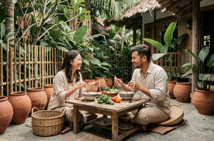 Deux voyageurs partageant un repas local devant une maison d'hôtes rurale en Asie du Sud-Est entourée de végétation tropicale