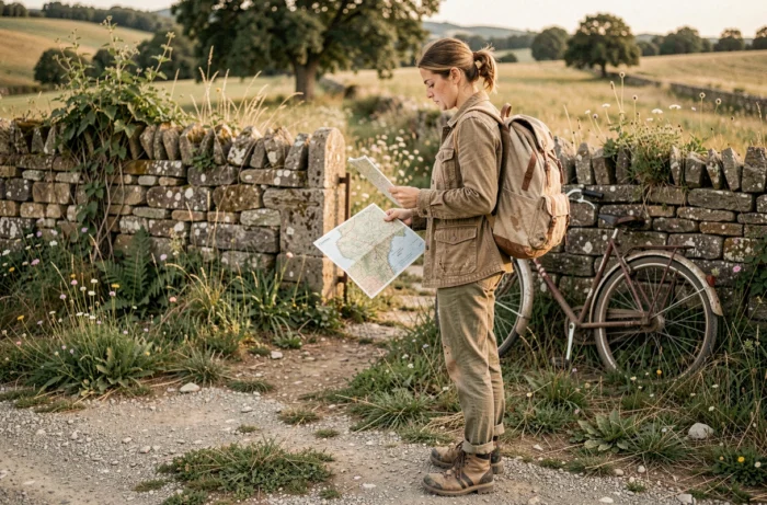 Voyageuse alternative consultant une carte papier à un carrefour rural en Europe du Sud avec vélo vintage et murs en pierre
