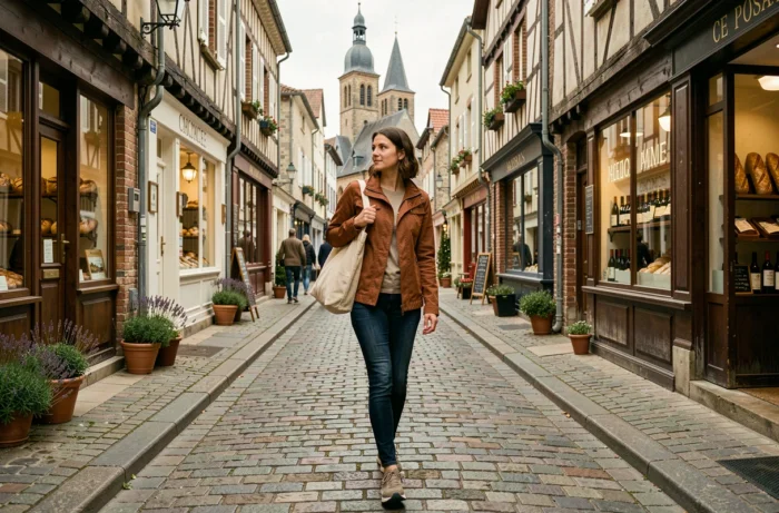 Voyageuse explorant les rues pavées du centre-ville d'Amboise à pied depuis son appart'hôtel